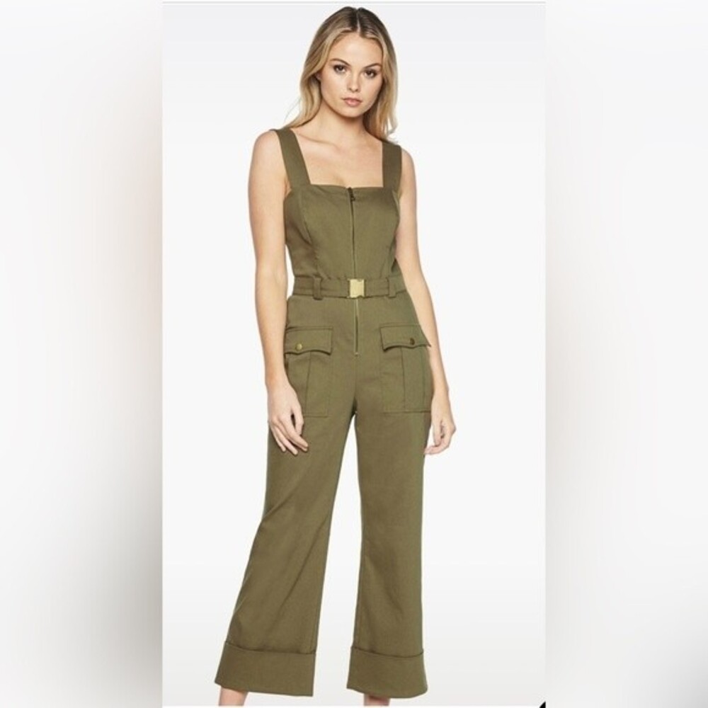 BARDOT BUCKLE JUMPSUIT IN ARMY GREEN Size 4